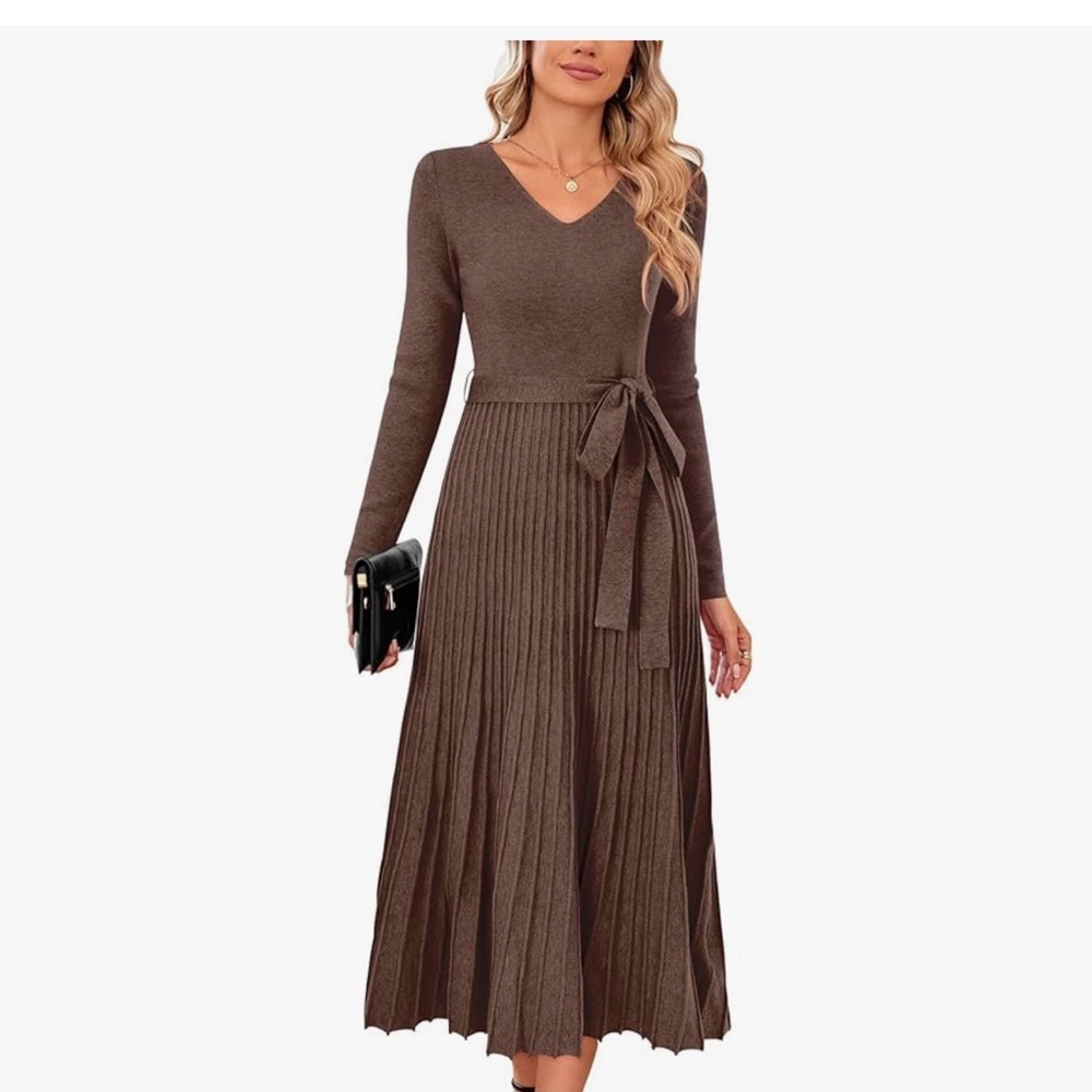Arach&Cloz Women's Wool Blend Tie Waist Pleated Fall Sweater Dress 2025